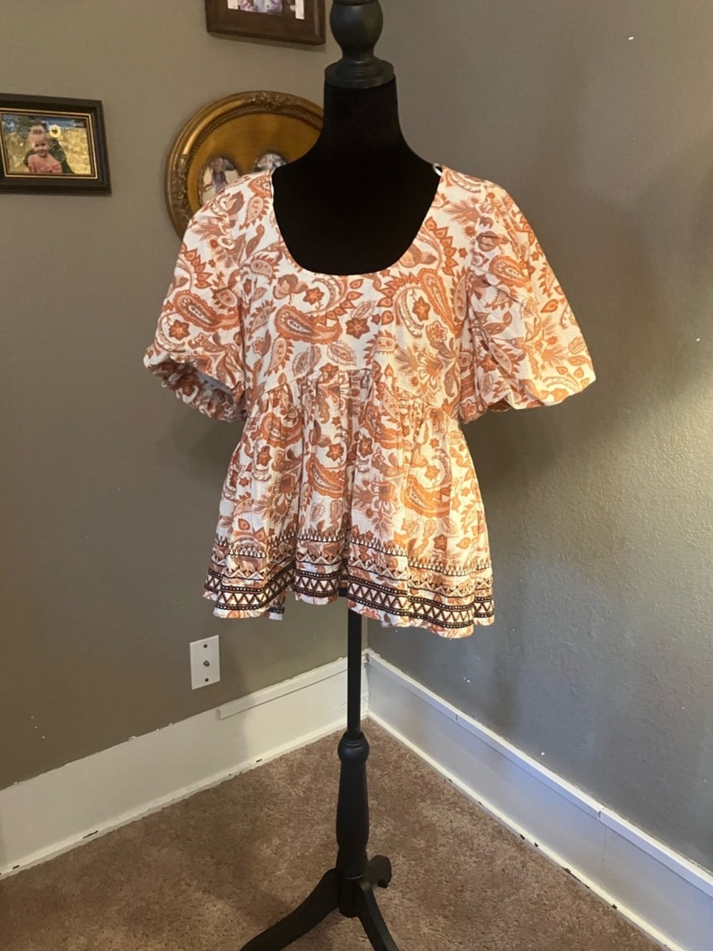 Anthropologie Paisley Babydoll Blouse in Rust and White